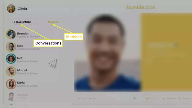 Bumble Match 屏幕显示“对话”选项卡和“匹配”选项卡