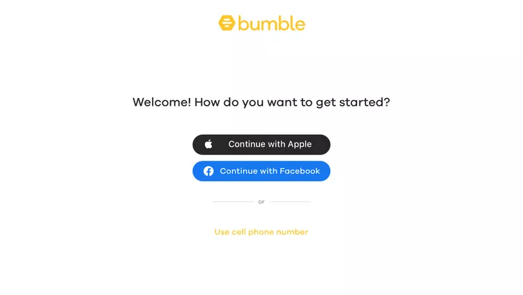 Bumble 登录屏幕显示三种开设账户的方法