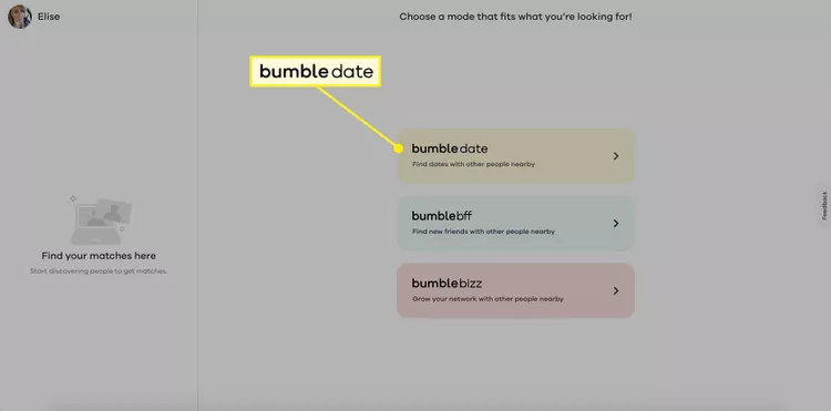 Bumble.com 展示了 BumbleDate、BumbleBFF 和 BumbleBizz 选项