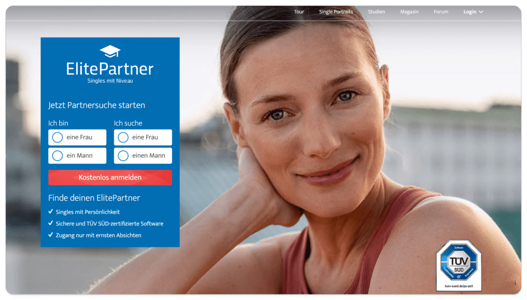 ElitePartner主页的屏幕截图